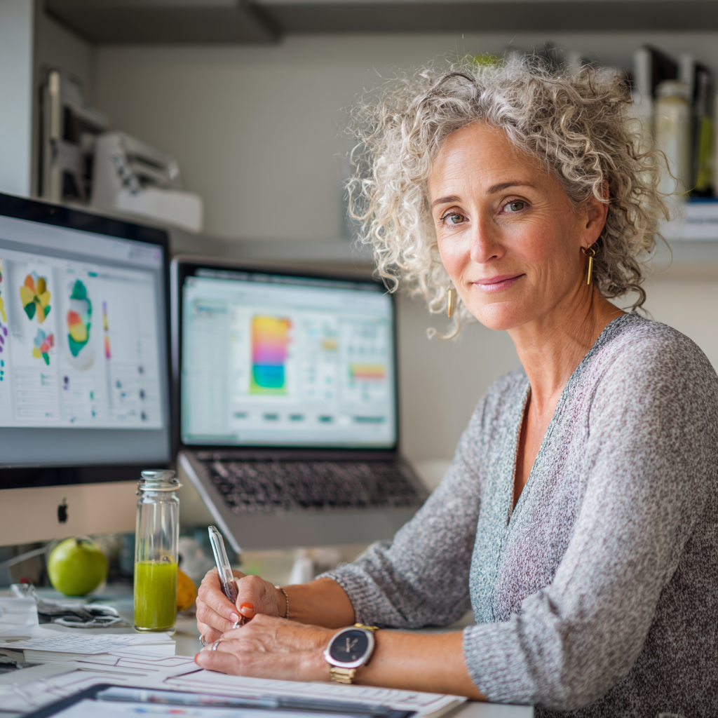 Дієтолог 52 роки працює з космічними даними та створює персональний план харчування в футуристичному офісі glurnastel