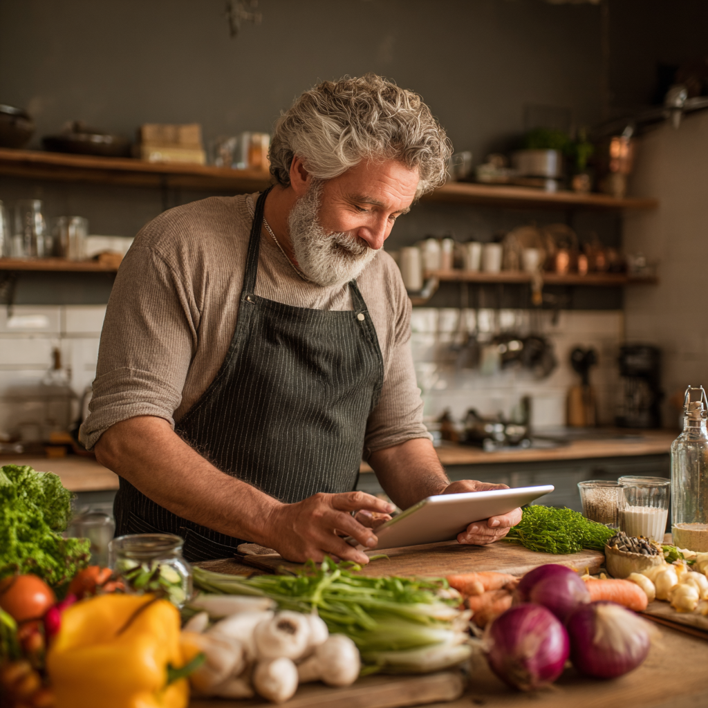 Жінка 58 років заповнює космічну анкету glurnastel на планшеті в сучасній кухні з голографічними елементами