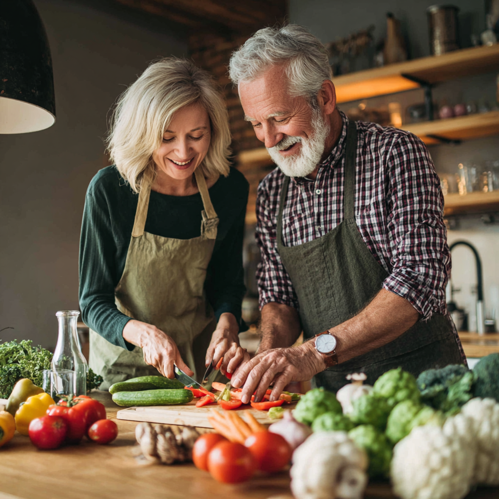Чоловік 55 років використовує космічний планшет glurnastel для планування здорового харчування на футуристичній кухні