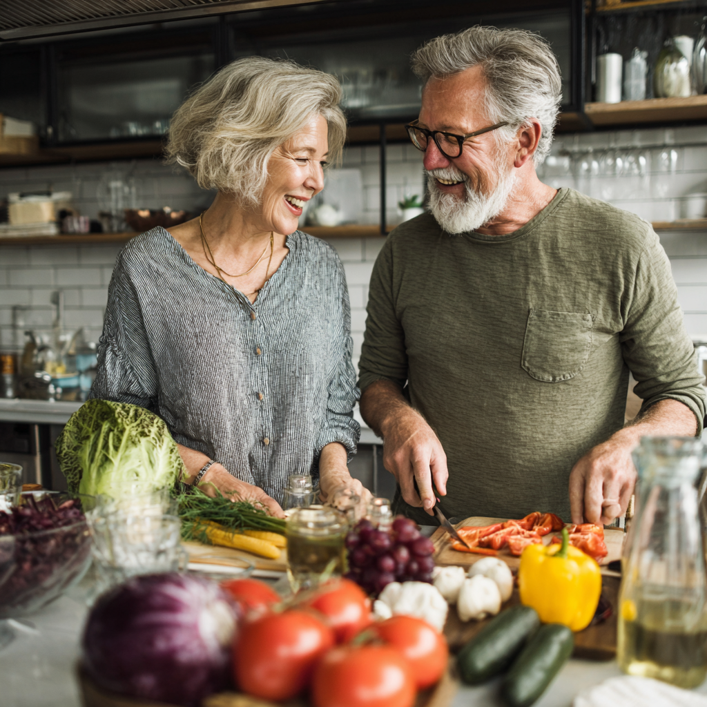 Пара у віці 55-60 років готує здорову космічну страву разом на кухні, відчуваючи енергію та радість від нового способу життя